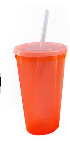 Vaso Maxi Jumbo 1000 ml con Tapa Policarbonato y Popote color Naranja Fluorescente TCP