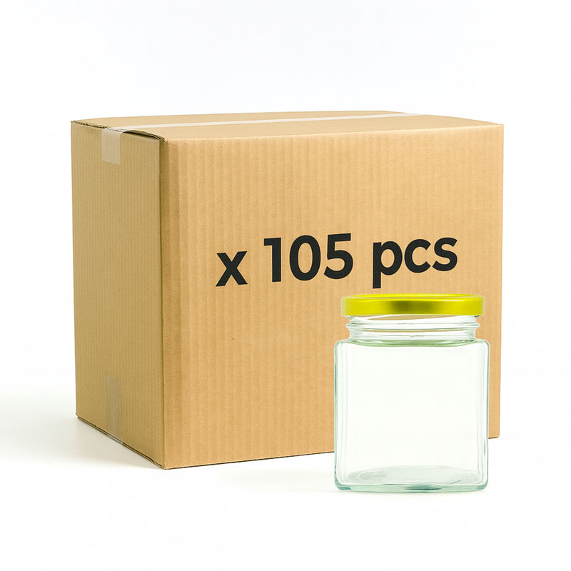 Frasco cuadrado 280 ml tapa Dorada BH - Caja con 105 piezas