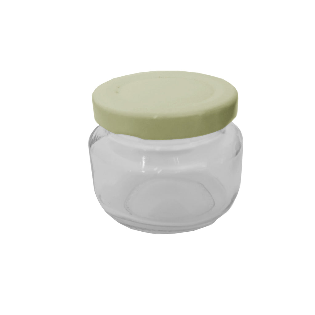 Tarro Onjus Jar de 2oz de Cristal Caja de 49 pzas con Tapa Dorada Lp